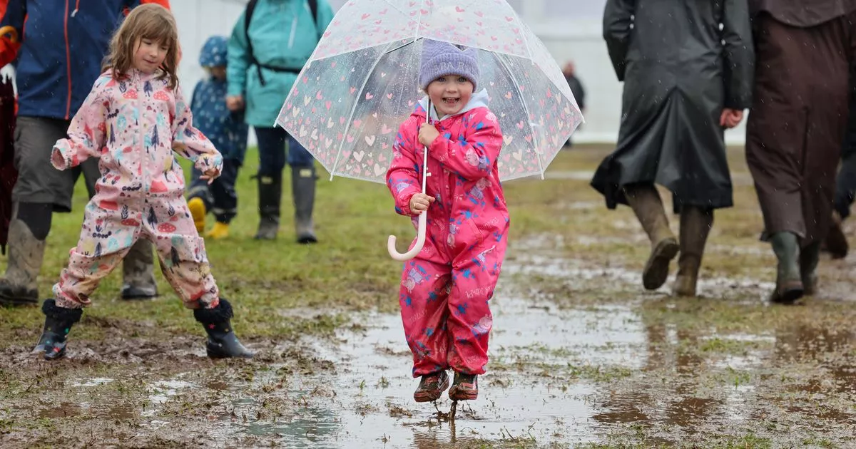 3-year-old Lyra enjoys the muddy puddles at Stithians Show.