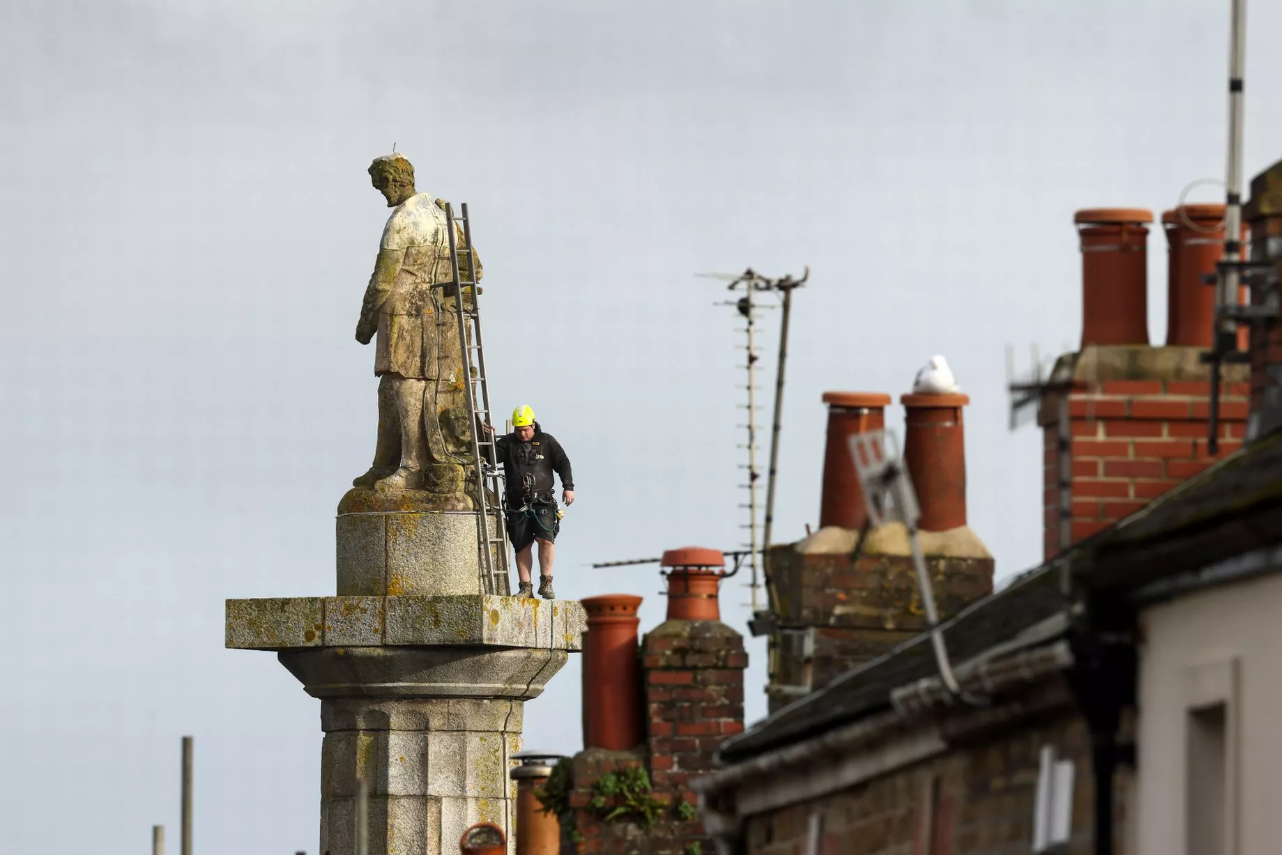 During the week of February 19, maintenance work is carried out on on the 70ft tall Lander's Monument on Lemon Street in Truro by Dawson Steeplejacks.